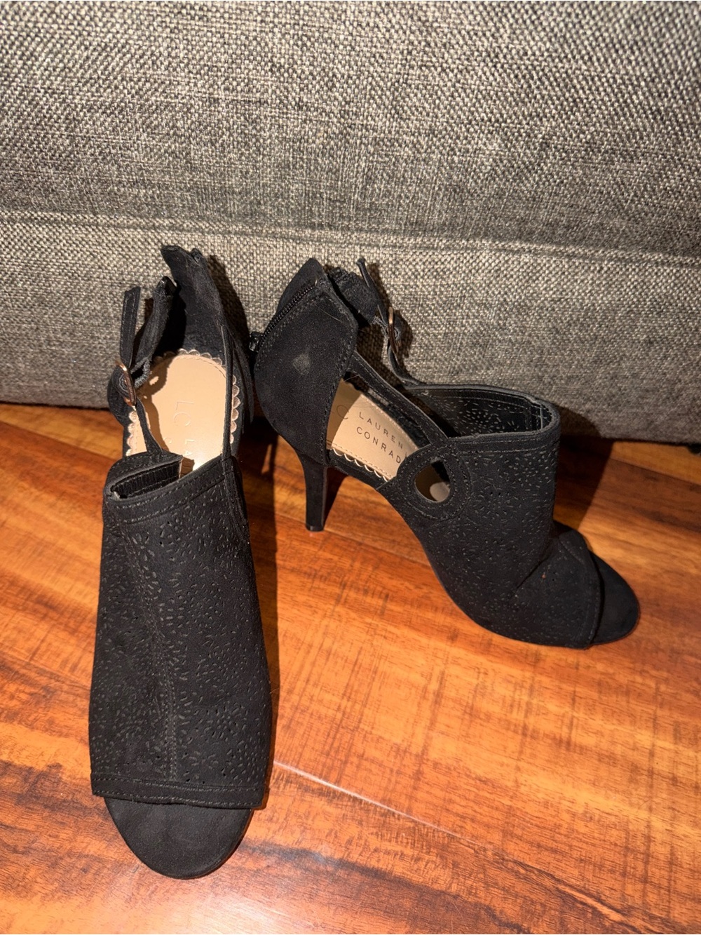 LC Lauren Conrad Black Laser-Cut Open-Toe Heels with Ankle Strap